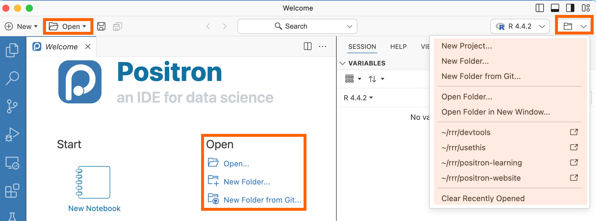 Positron Welcome screen with Open button and folder dropdown highlighted in orange, showing options like New Folder, Open Folder, and recent folders list.